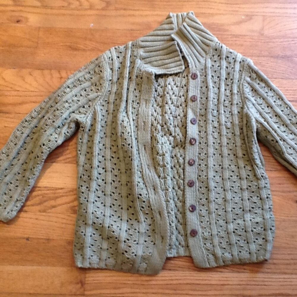 Light Green Crocheted Cardigan with Wooden Style Buttons